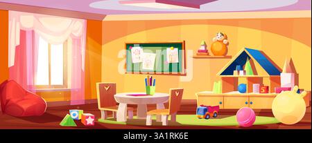 Kindergarten room with yellow walls and wooden floor. Bright interior with various toys, child furniture, educational elements and play areas. Cartoon cozy learning space for preschool activities. Stock Vector
