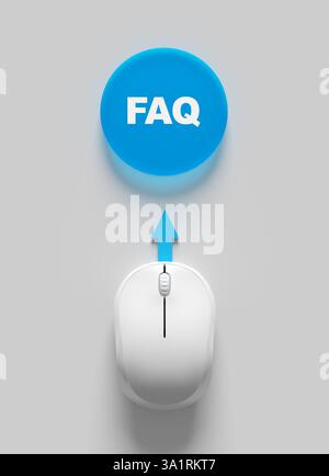 Frequently asked questions concept. Computer mouse is clicking a blue FAQ button with an arrow pointing upwards. 3d render. Stock Photo