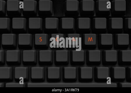 Black computer keyboard with glowing orange keys spelling out scam. Warning message about online security risks, fraud, and cybercrime is shown on a s Stock Photo