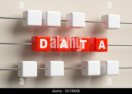 Data analysis concept. 3d render of red cubes forming the word data, surrounded by white cubes on metal rails. Stock Photo