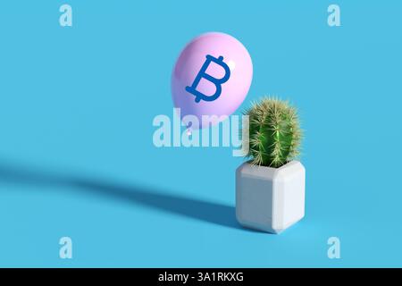 Bitcoin downturn, cryptocurrency risk and economic bubble concept. Pink balloon with a blue bitcoin symbol is floating near a cactus in a white pot on Stock Photo
