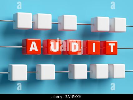 Business and finance concept. Financial auditing. Red cubes forming the word audit on metal rails and surrounded by white cubes on blue background. 3d Stock Photo