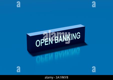 Open banking neon sign shines on a blue background, reflecting innovation in finance and technology. Symbolizing growth and efficiency in online banki Stock Photo