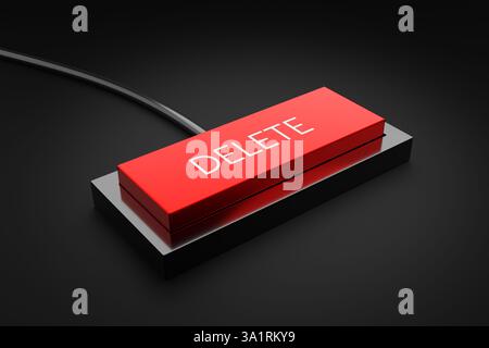 Red delete button connected with black cable on a dark background representing data removal and digital erasure. 3D render Stock Photo