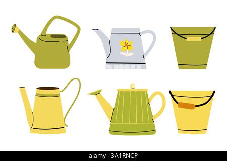 Collection of vintage watering cans and buckets for gardening projects and design. Flat vector illustrations isolated. Stock Vector