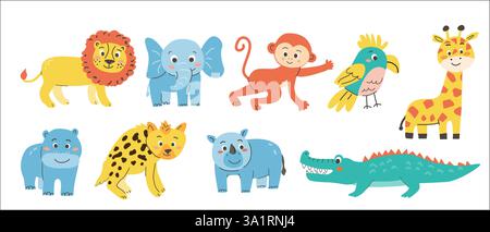 Colorful cartoon zoo kids animals: lion, elephant, monkey, parrot, giraffe, hippo, cheetah, crocodile. Stock Vector