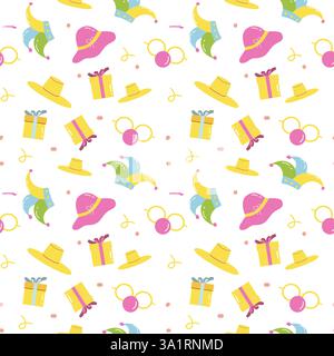 Colorful carnival pattern with hats, gifts, sunglasses, and arrows on white background. Stock Vector