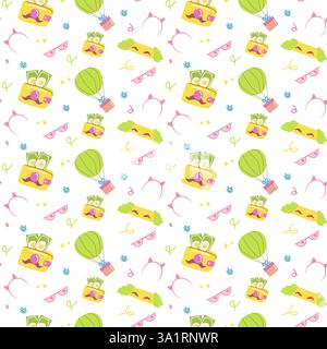 Colorful funny travel holiday themed pattern with hot air balloons, sunglasses, and maps. Stock Vector