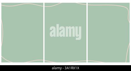 Abstract triptych template with green background and beige curved lines. Minimalist geometric design for posters, prints, and interior decor Stock Vector