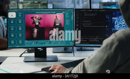 Admin in server hub coding AI program turning text prompt into photos. IT expert in data center using computer to build text to image artificial intelligence generative models, camera A Stock Photo