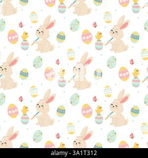 Bunny Painting Easter Eggs, Cute Seamless Pattern for Holiday Wrapping and Crafts Stock Vector