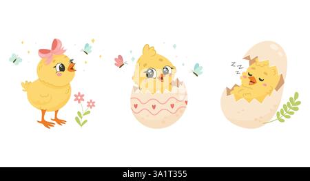 Adorable Easter Chicks, Baby Birds in Eggs with Spring Butterflies Stock Vector
