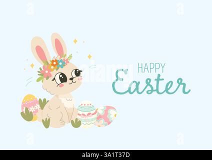 Floral Bunny Easter Greeting, Hand Drawn Cute Rabbit with Decorated Eggs Stock Vector