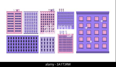 Highrise buildings in variety of architectural styles with antennas 2D cartoon objects set Stock Vector