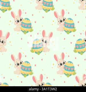 Seamless Easter Bunny Pattern, Cute Rabbits with Painted Eggs on Pastel Background Stock Vector