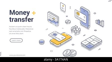 Web banner template showcases an isometric design focused on money transfer services. It features credit cards, a smartphone, and financial charts, em Stock Vector
