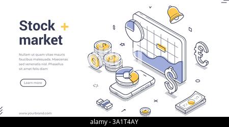 Highlighting the stock market, this isometric line features a digital chart, currency symbols, and coins. It serves as a modern web banner template su Stock Vector