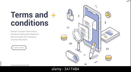 Web banner template showcases an isometric illustration related to terms and conditions. It features a smartphone displaying legal documents, a pen, a Stock Vector
