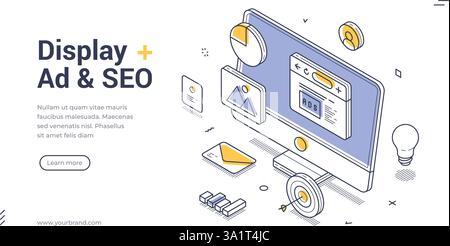 Creative web banner template designed for display ads and SEO. It showcases an isometric view with various vector elements like charts, images, and bu Stock Vector