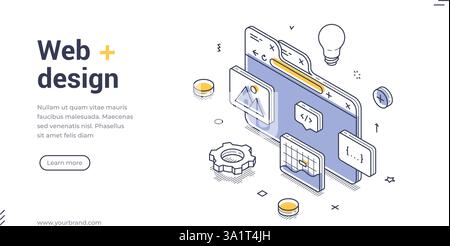 Web banner template showcases an isometric design focused on web development. Key elements like coding symbols, design tools, and light bulbs illustra Stock Vector