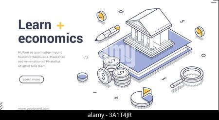 Web banner template features an isometric illustration focused on economics education featuring a bank building, financial symbols, and analytical too Stock Vector
