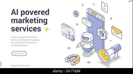 Web banner template showcases a modern marketing service powered by AI. Featuring isometric graphics, it highlights tools and strategies for effective Stock Vector