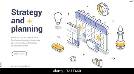 Vector illustration features an isometric design showcasing elements of strategy and planning, including a calendar, light bulb, calculator, and chess Stock Vector