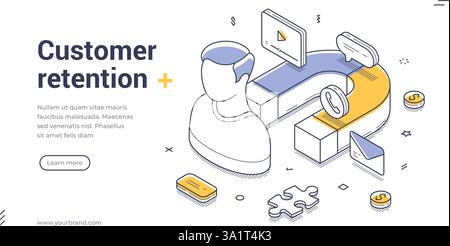 Web banner template designed for customer retention showcases an isometric illustration featuring a person with various digital elements. Modern vecto Stock Vector