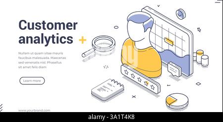 Web banner template showcases customer analytics with an isometric illustration. It features a character interacting with charts and graphs, emphasizi Stock Vector