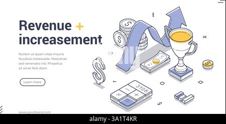 Web banner template showcases an isometric design that highlights revenue increasement, featuring a trophy, cash, and a calculator. Ideal for business Stock Vector