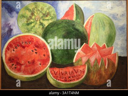 Viva la Vida, 1954. Mexican painter Frida Kahlo (1907-1954) made work inspired by the nature and artifacts of Mexico. Her naïve folk art style explored questions of identity, postcolonialism, gender, class, and race. Her paintings often had strong autobiographical elements, and mixed realism with fantasy. She has been described as a surrealist or magical realist. This painting - "Long live life" - was her last, painted just eight days before her death aged 47). Found in the Collection of Banco de México Diego Rivera Frida Kahlo Museums Trust, Mexico. Stock Photo