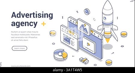 Web banner template showcases an advertising agency theme with isometric illustrations. It features a rocket, web pages, and design elements that prom Stock Vector