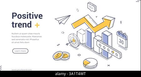 Web banner template features a positive trend theme with isometric illustrations. It includes upward arrows, charts, and elements representing success Stock Vector