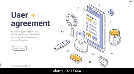 User agreement web banner template in an isometric style. It includes a tablet, pen, and magnifying glass, with various icons. Ideal for digital platf Stock Vector