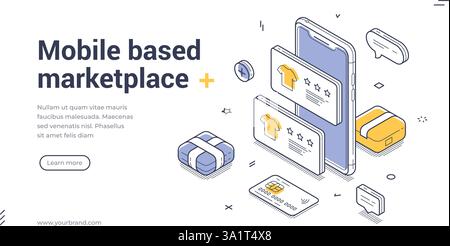 Web banner showcases a mobile based marketplace featuring isometric design elements. It highlights products, user reviews, and a call to action for de Stock Vector