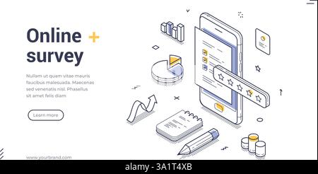 Web banner features isometric design focused on online surveys. It showcases a mobile device displaying survey elements, charts, and notes, perfect fo Stock Vector