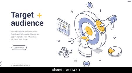 Web banner template features a bold design emphasizing target audience engagement. It includes isometric illustrations of a bullseye, megaphone, and c Stock Vector