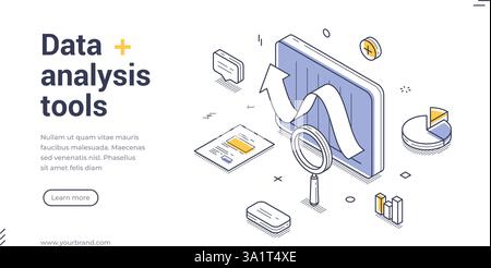 Web banner template featuring isometric illustrations that showcase various data analysis tools. Perfect for presenting your analytical resources effe Stock Vector