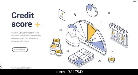 Web banner template illustrates essential aspects of credit scoring. It features a credit score gauge, financial icons, and tools to empower users in Stock Vector