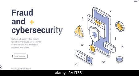 Web banner template focuses on fraud and cybersecurity, featuring an isometric design. Elements like smartphones and warning signs illustrate the impo Stock Vector