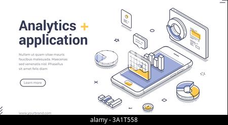 Web banner template features an isometric design showcasing an analytics application. It includes vibrant charts and graphs on a smartphone, emphasizi Stock Vector