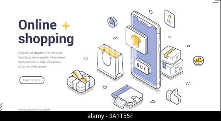 Web banner template features an isometric design showcasing online shopping elements such as a smartphone, shopping bags, and various payment methods. Stock Vector