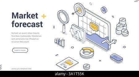 Web banner template showcases a market forecast theme with isometric design elements. It includes graphs, charts, and financial symbols, ideal for bus Stock Vector