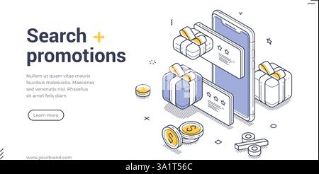 Promotional web banner template features an isometric design showcasing a smartphone with gift boxes and coins. Ideal for advertising search promotion Stock Vector