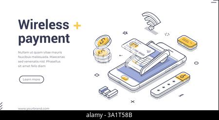 Modern wireless payment systems enhance convenience with quick transactions using smartphones. Web template showcases isometric design elements and fe Stock Vector
