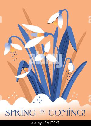 Snowdrop Day. Banner with snowdrops in snow. Spring is coming. Spring wildflower. Vector illustration Stock Vector