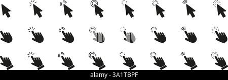 Cursor And Hand Click Solid Icon Set. Click And Cursor Action Silhouette Symbol Collection. Isolated Vector Illustration Stock Vector