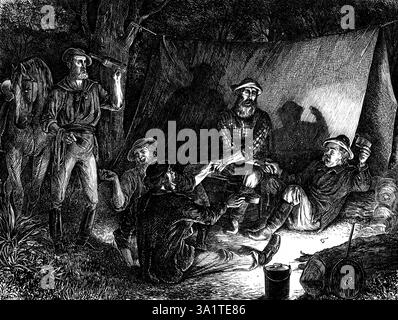 Australian diggers keeping Christmas Eve - "Auld Lang Syne"; drawn by W. Ralston, 1873. '...the squatters and diggers are bravely disposed to enjoy themselves al fresco...this party of sturdy good fellows, whom our Artist has represented as he may often have seen them when he lived in Australia,...are gold-diggers...encamped on their road to "a new rush;" each man carrying his moderate rate of "swag" or personal baggage, with their "billy" or can for boiling water, and the frying-pan for their simple cookery, sufficing every want in a tramp of several hu Stock Photo