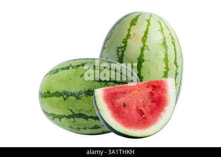 A vivid depiction of two whole watermelons with one juicy slice emphasizing freshness and vibrancy, isolated on a clean white background. Stock Photo