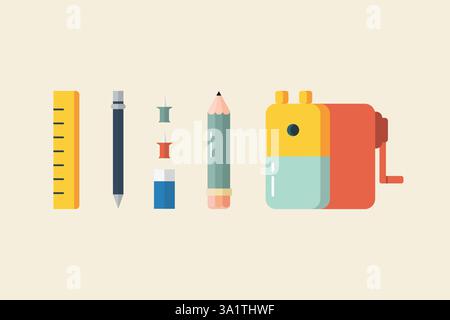 Pen pencil ruler and sharpener in flat style. Vector illustration Stock Vector